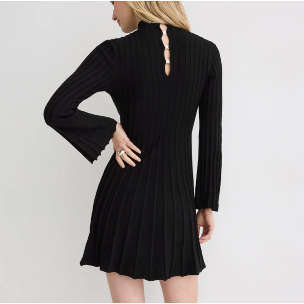 Maje Black Ribbed Knit Mini Dress SMALL Career Fit Flare Long Bell Sleeve $300 - Picture 2 of 11